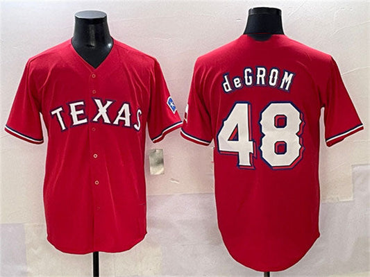 Texas Rangers #48 Jacob deGrom Red With Patch Cool Base Stitched Baseball Jersey